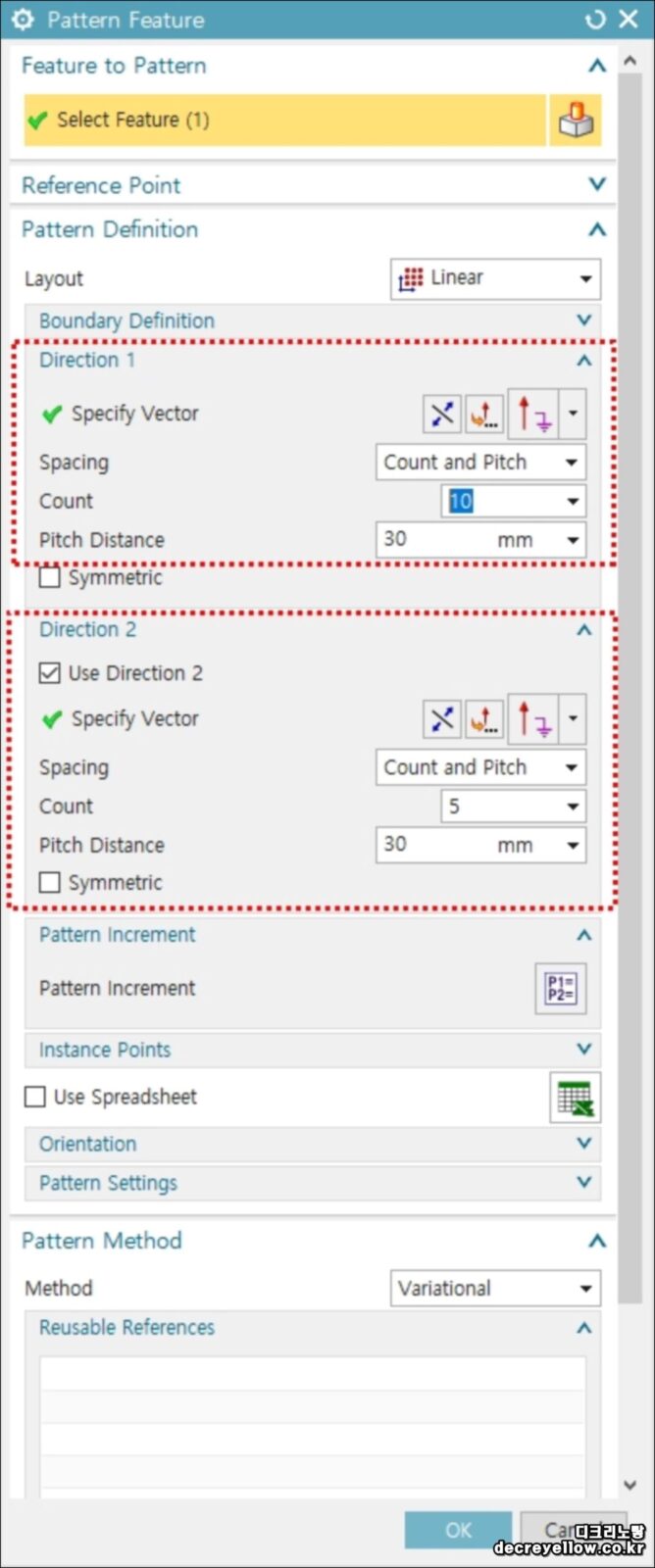 NX Pattern Increment — 패턴 간격을 점점 늘리는 방법 3 NX Pattern Feature Linear 배열 설정창에서 Count Pitch Distance Direction 값을 지정하는 세로형 화면