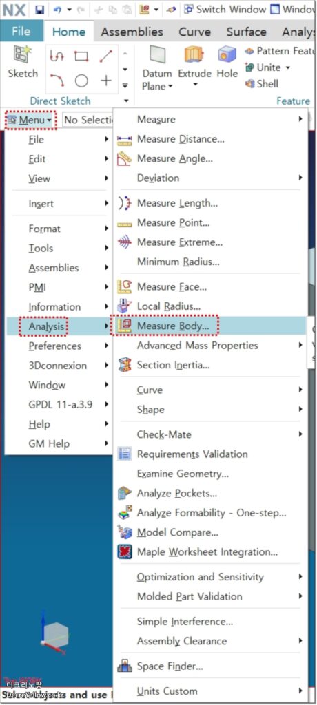 NX 무게중심 구하는 방법|Center of Mass·Measure Body·재질 밀도·어셈블리 질량 중심 2 Siemens NX Measure Body 대화상자에서 솔리드 바디를 선택하는 화면