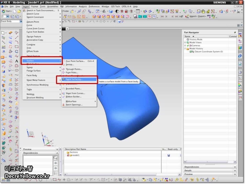 NX JT 경량화 형상 선택 안됨 해결|Facet·Show Exact·면 측정·간섭검사 4 NX Rapid Surfacing Facet Body 선택과 역설계 서피스 생성