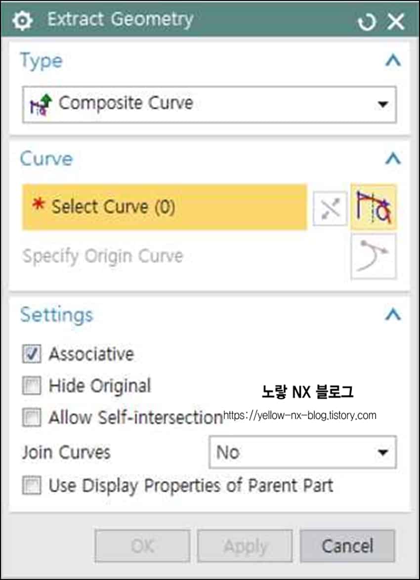 UG NX Associative Copy 연관 복사 Tutorial - 11강 3 Siemens NX Composite Curve 명령에서 Edge와 Curve를 선택하고 Associative 및 Hide Original 옵션을 설정하는 화면