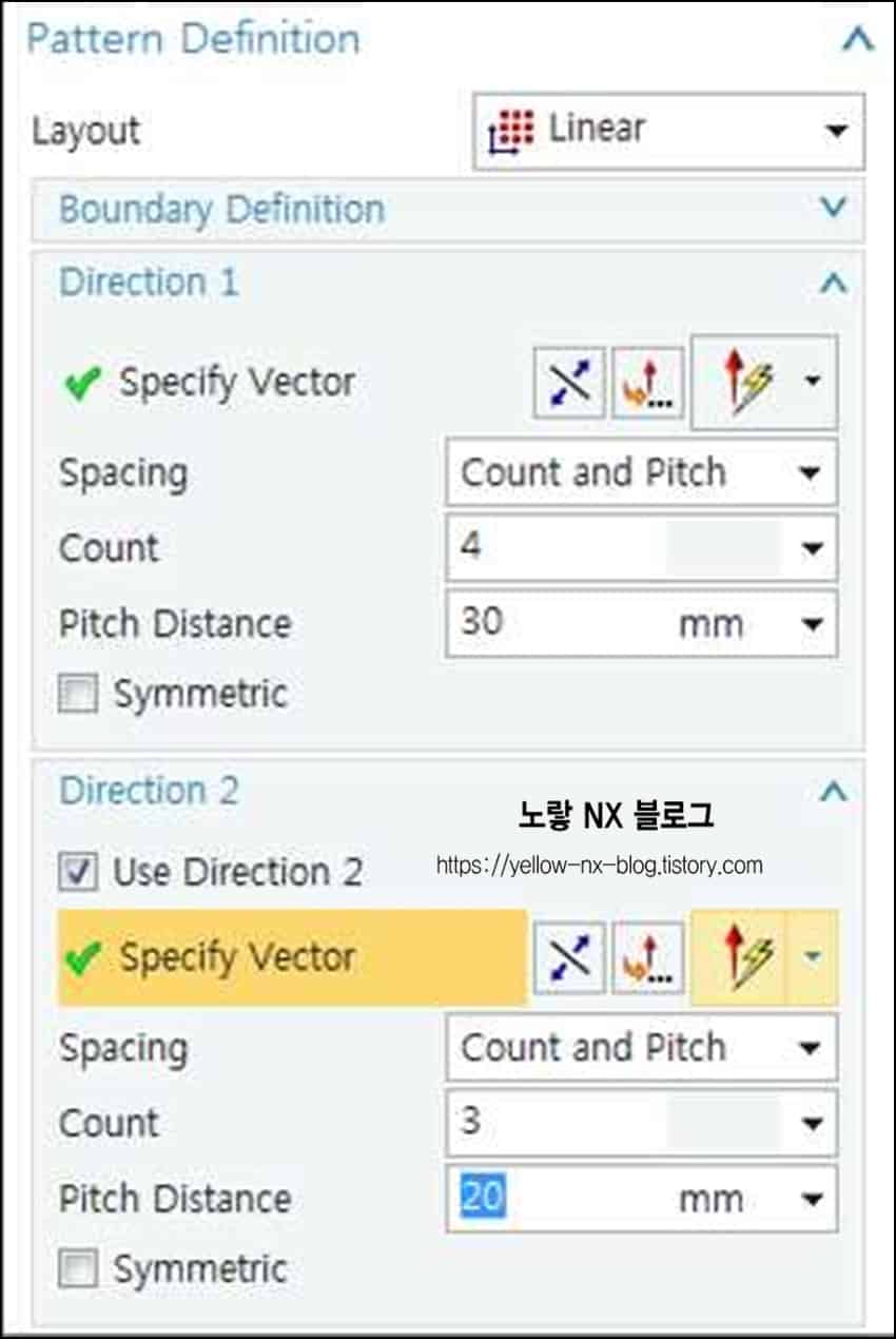 NX Pattern Increment — 패턴 간격을 점점 늘리는 방법 5 NX Linear Pattern Feature에서 Direction 1 Direction 2 Count Pitch Distance 옵션 설정
