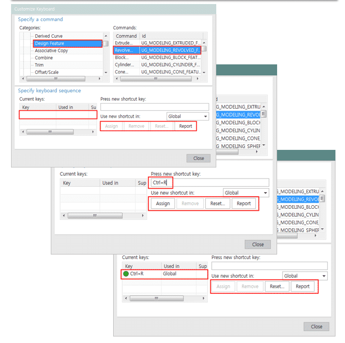 UG NX 마우스 키보드 조작방법 Tutorial - 3강 5 NX Customize Keyboard에서 Categories Commands Press New Shortcut Key Assign Global 설정하는 실제 화면