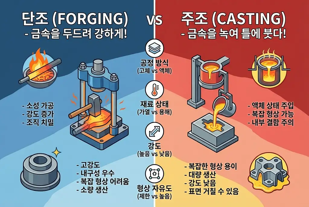 단조 vs 주조 차이 기준 공정 선택 포인트 2026년 제조 트렌드 1 단조 주조 차이점 비교: 공정 특징과 적용 분야 요약 이미지