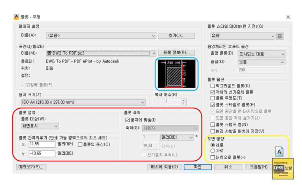 AutoCAD PDF 출력 스케일 오류|치수 왜곡·GD&T 누락 시 납품 합격 기준 잡는 법 2 AutoCAD Plot 창에서 용지 크기와 Plot Scale 설정을 확인하는 화면