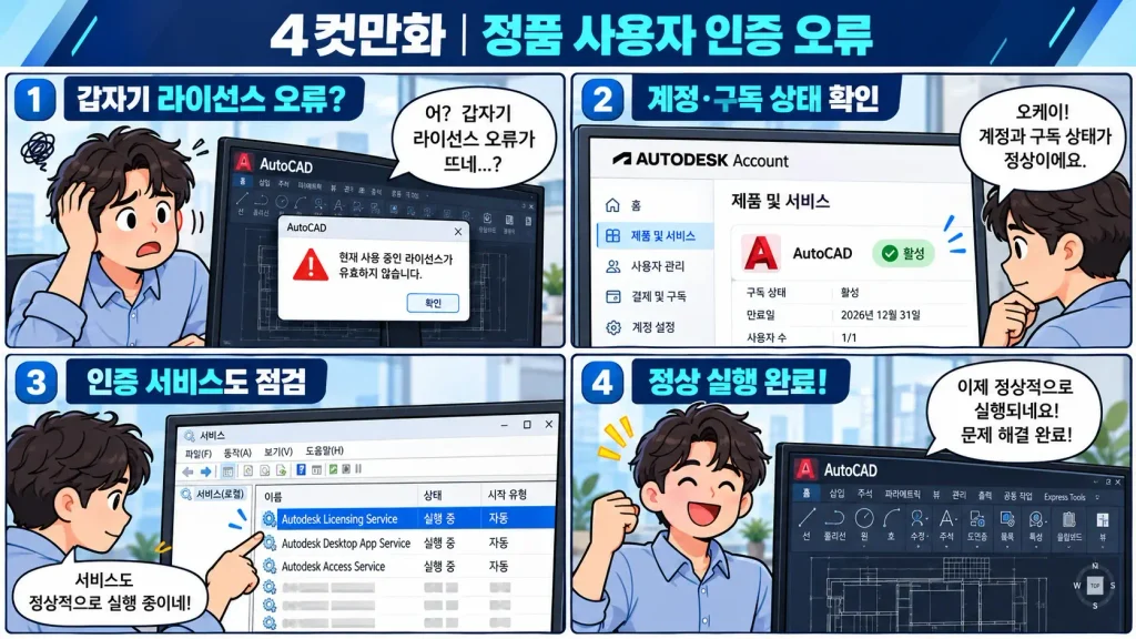 오토캐드 정품 인증 실패 해결|TLS 1.2·127.0.0.1·한글계정 오류 11 정품 AutoCAD 라이선스 인증 오류 해결 4컷 만화 Autodesk 계정 제품 할당 확인 라이선스 서비스 점검