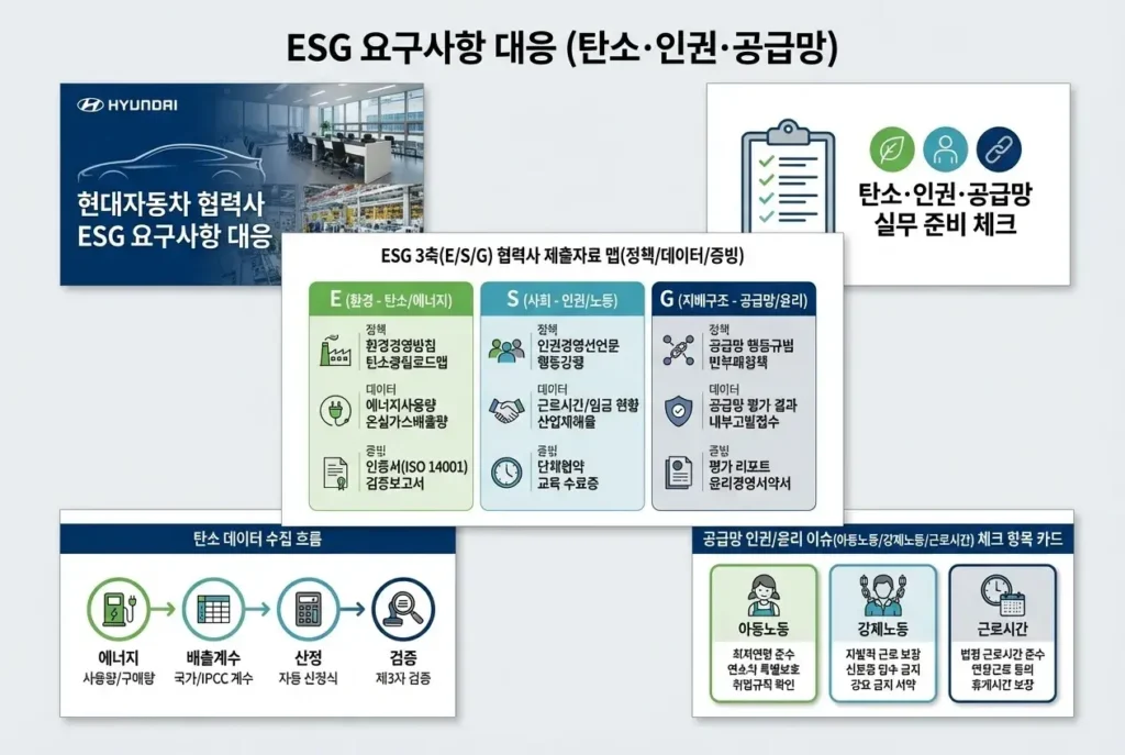 현대자동차 ESG 요구사항 대응 탄소 인권 공급망 현대차 기아차 협력사 실무 1 현대자동차·기아차 협력사 ESG 요구사항 핵심 탄소 인권 공급망