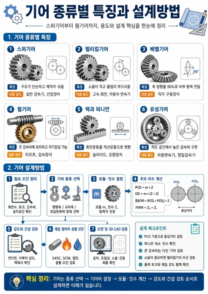 기어 설계 방법|모듈 잇수 PCD 외경 치저경 기어비 계산기 3D CAD 모델링 기준 2 기어종류별 특징과 설계방법