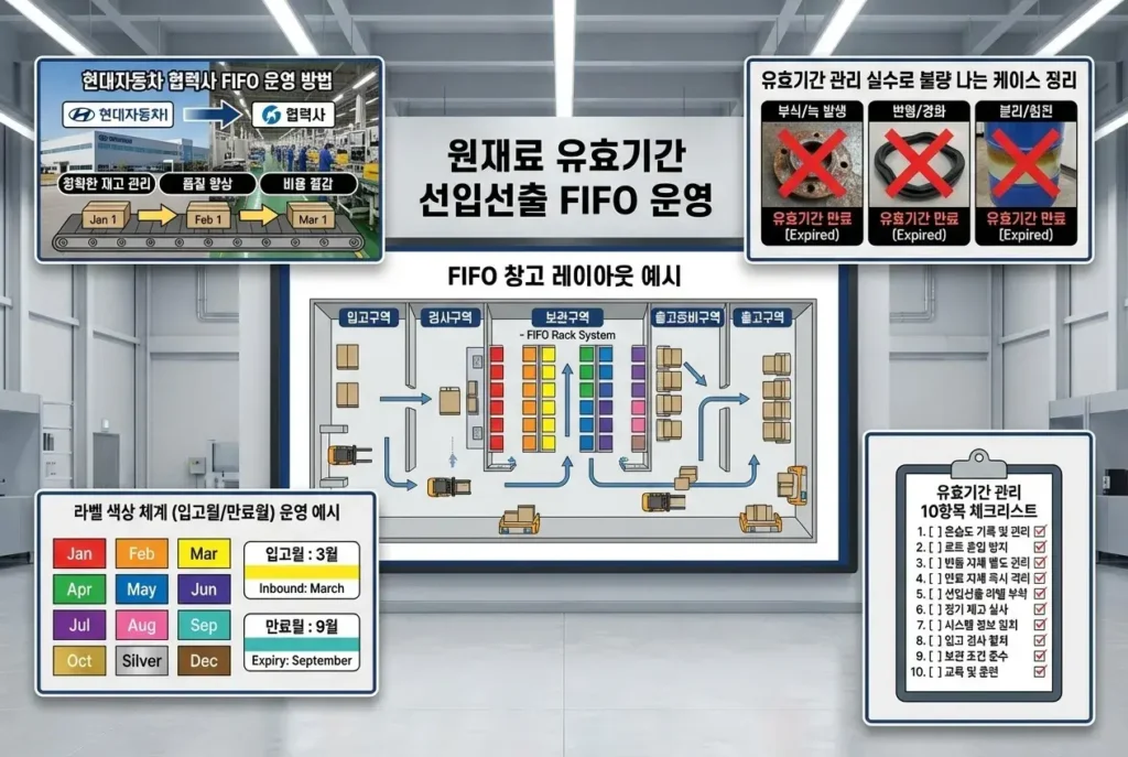 현대자동차 협력사 원재료 유효기간 선입선출 FIFO 운영 방법 생산품질 실무 1 현대차 협력사 원재료 유효기간과 선입선출 FIFO FEFO 운영 개념