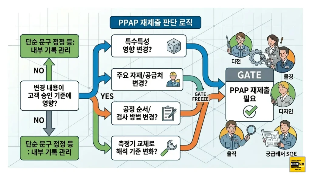 PPAP 승인절차란? 18개 제출서류·Level 1~5·PSW 재제출 기준 2 PPAP 재제출 판단 시 변경 영향 부위와 고객 승인 기준을 검토하는 이미지