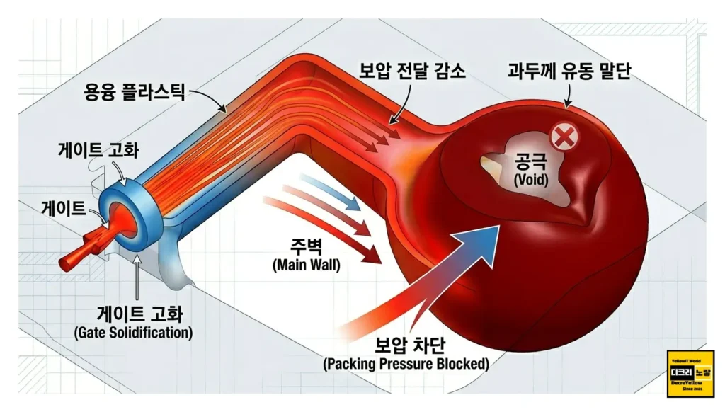 사출품 벽 두께 설계 기준과 수축 불량 줄이는 방법 3 게이트에서 멀어질수록 굳어가는 플라스틱 유동선(파란색), 유동 말단의 뜨거운 덩어리(빨간색), 보압 단절 화살표. 한글 라벨로 보압 부족과 불량 발생을 설명합니다.