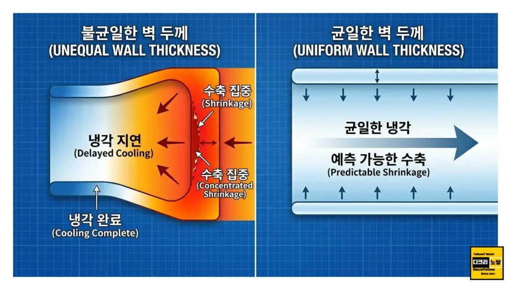 사출품 벽 두께 설계 기준과 수축 불량 줄이는 방법 2 쁜 설계의 국부 과두께(붉은 원)와 좋은 설계의 균일한 단면 및 리브 구조. 한글 라벨로 불량 리스크와 성공 사례를 구분합니다.