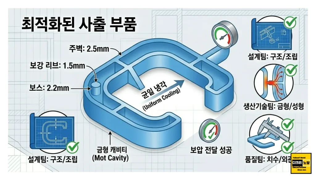 사출품 벽 두께 설계 기준과 수축 불량 줄이는 방법 5 완벽하게 파란색(차가운) 균일 단면, 각 부서의 요구사항이 한글로 체크된 아이콘(설계/생산/품질).