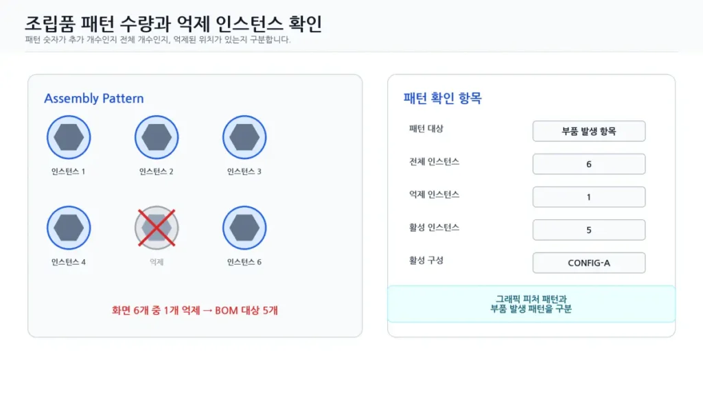 Solid Edge BOM 수량 오류 해결|조립품 패턴은 여러 개인데 수량이 1개일 때 6 06 Solid Edge 조립품 패턴 수량확인