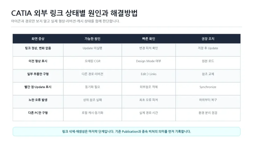 CATIA 외부 링크 설계변경 미반영 원인과 Update·Design Mode 점검 8 08 CATIA 외부링크 상태별 원인해결표
