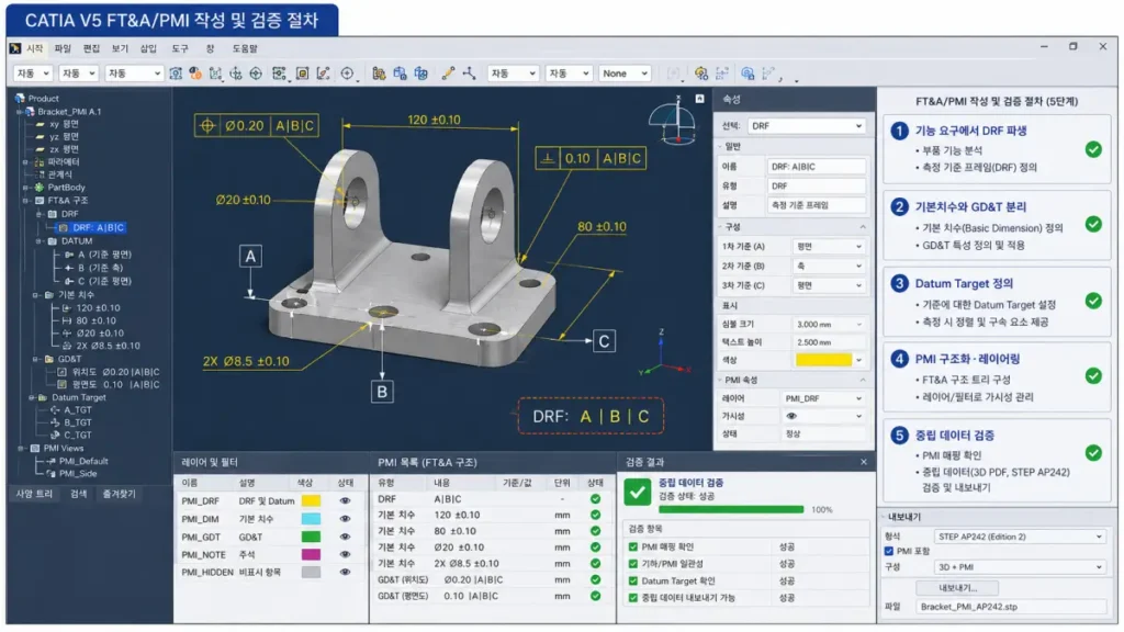 CATIA V5 FT&A/PMI 기준면과 CMM 정렬 맞추기|DRF·GD&T·MSA 실무 2 기능 기준면 가공 기준면 조립 기준면 검사 기준면을 연결해 DRF A B C를 설정하는 CAD 검사 전략 화면