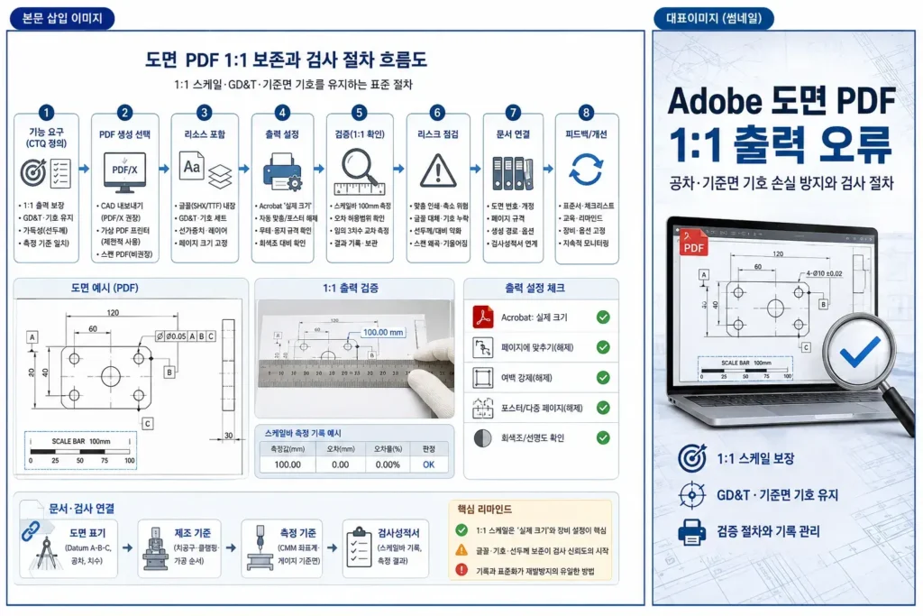 Adobe 도면 PDF 1:1 출력 오류|GD&T·Datum 기호 손실 방지와 검사 절차 1 Adobe Acrobat 도면 PDF 1대1 출력 오류와 GD&T Datum 기호 손실 검증 절차