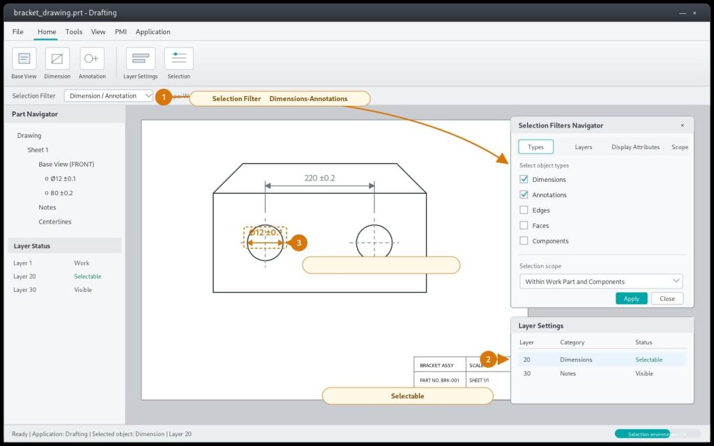 NX 도면 치수 수정 안될 때 PMI 원본·참조치수 확인방법 1 nx step1 selection filter layer ui