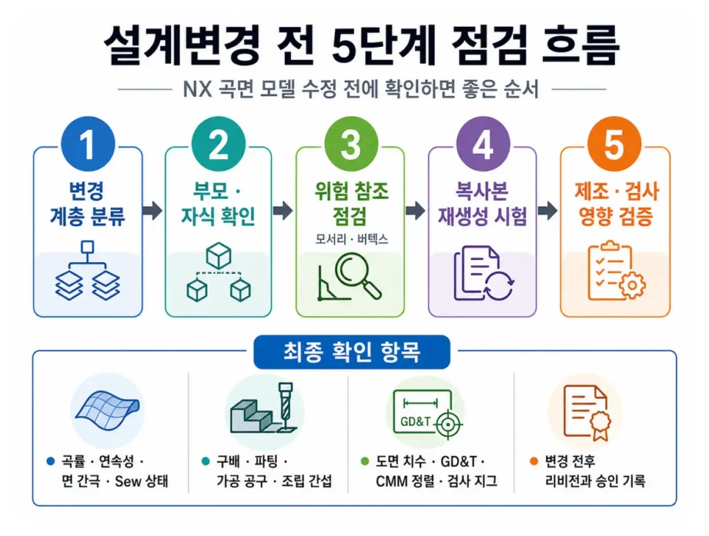 NX 곡면 모델링 참조 끊김 해결|스플라인·블렌드·트림 피처 순서 3 설계변경 전 5단계 점검 흐름: 변경 계층 분류, 부모·자식 확인, 위험 참조 점검, 복사본 재생성, 제조·검사 영향 검증