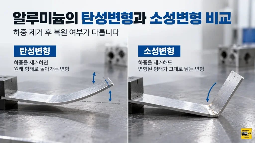 알루미늄 휘어짐 다시 펴도 될까?|6061·7075 소성변형·탄성복원과 강도 변화 1 알루미늄 탄성변형과 소성변형 비교, 하중 제거 후 원래 형태로 돌아오는 경우와 영구적으로 휘어지는 경우