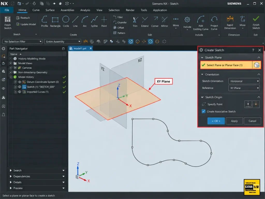 UG NX Add Existing Curve 사용법|오토캐드 DWG·DXF 곡선을 스케치로 변환 2 UG NX에서 XY Datum Plane을 선택하여 새 스케치를 생성하는 과정 예시