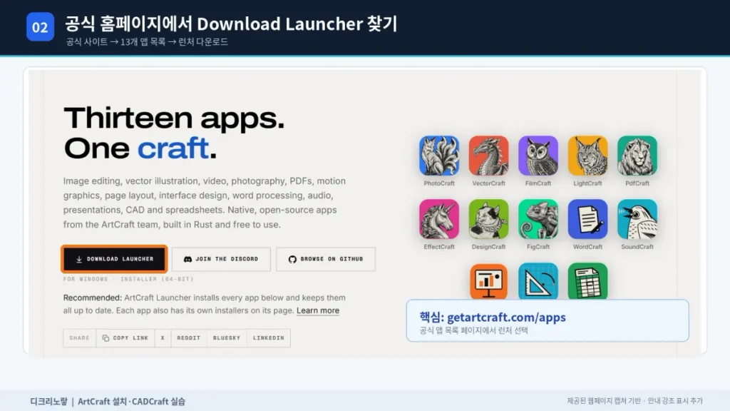 ArtCraft 설치방법 및 CADCraft 사용법 – DXF·DWG 열기부터 2D 도면 작성까지 4 ArtCraft 공식 Craft Apps 페이지에서 Download Launcher를 찾는 설명용 이미지