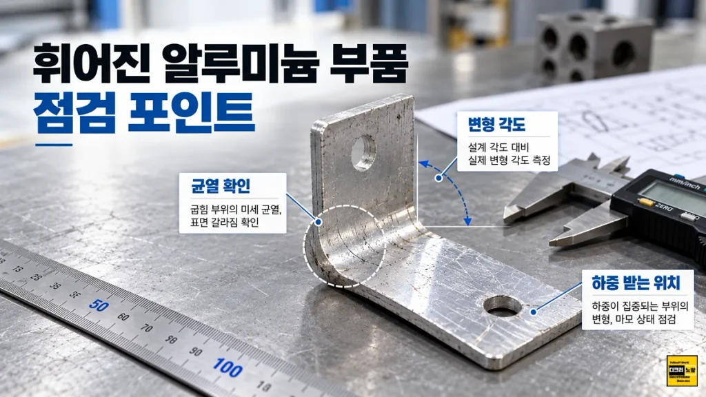 알루미늄 휘어짐 다시 펴도 될까?|6061·7075 소성변형·탄성복원과 강도 변화 5 휘어진 알루미늄 브래킷 점검 위치, 굽힘부 균열과 변형 각도 및 하중 집중 부위 확인