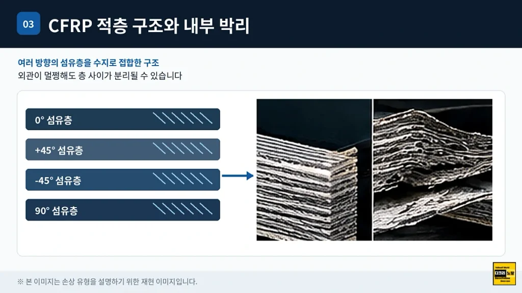 카본 크랙과 도장 균열 구별법|자전거 프레임·CFRP 내부 박리·수리 판단 3 CFRP 탄소섬유 복합재 적층 구조와 층간 박리 델라미네이션 단면 설명