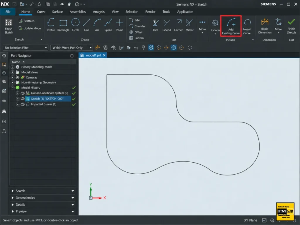 UG NX Add Existing Curve 사용법|오토캐드 DWG·DXF 곡선을 스케치로 변환 3 Siemens NX Sketch 환경에서 Add Existing Curve 명령을 찾는 위치를 강조한 화면 예시