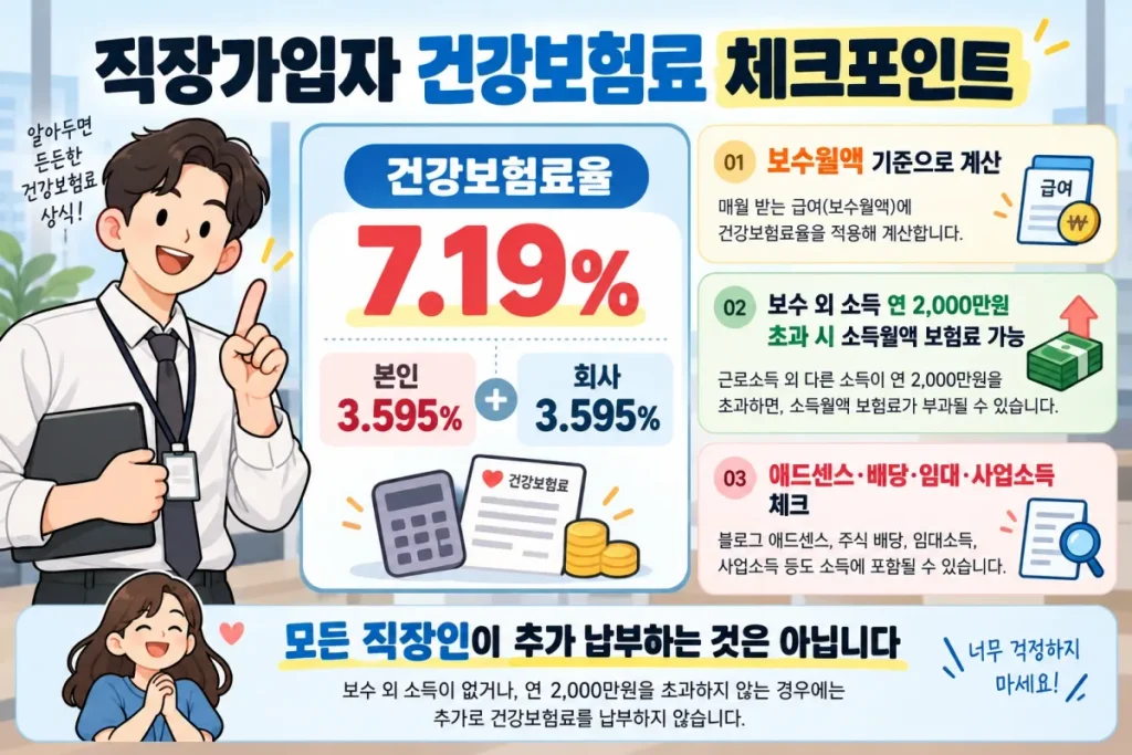 3D CAD 설계 직장인 부업하면 건강보험료 더 낼까?|월급·외주수익 기준 2 3D CAD 제품설계 직장인의 월급 건강보험료와 연간 2000만원 초과 부업소득 추가 보험료 기준