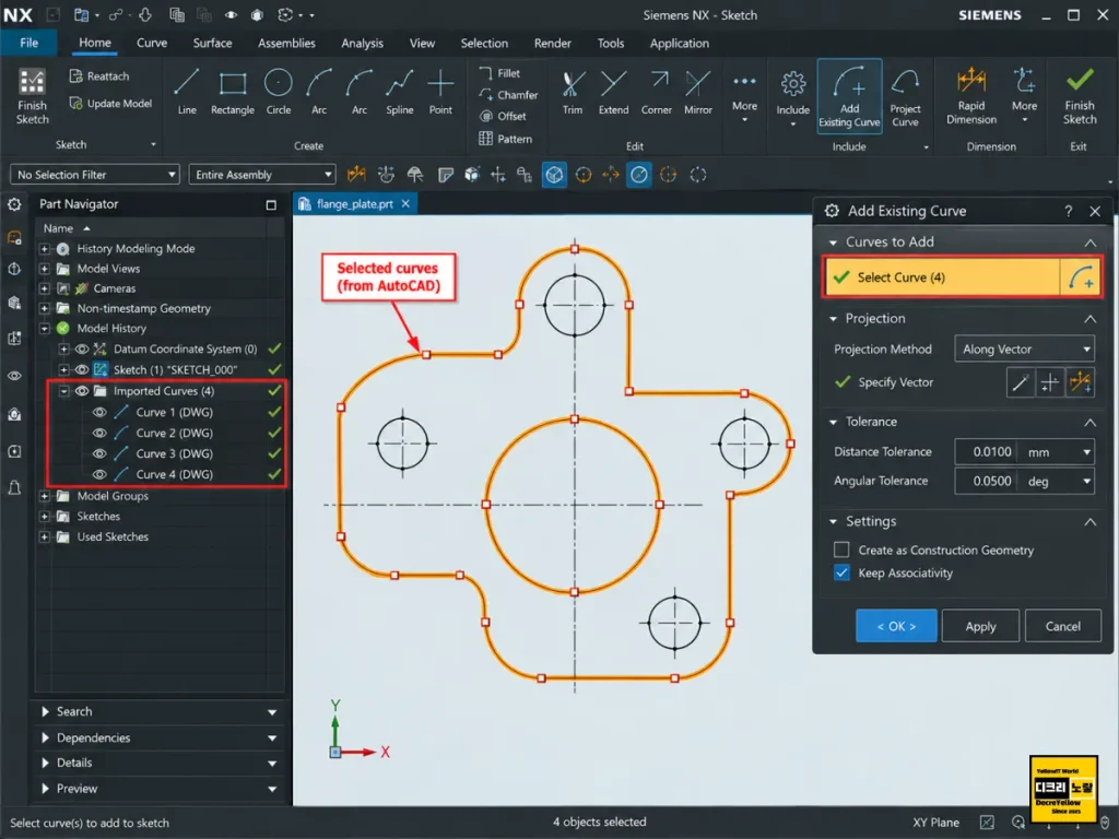 UG NX Add Existing Curve 사용법|오토캐드 DWG·DXF 곡선을 스케치로 변환 4 NX 스케치에서 오토캐드로부터 가져온 외곽선과 홀 곡선을 선택하는 과정 예시
