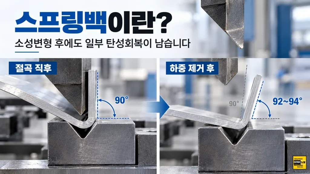 알루미늄 휘어짐 다시 펴도 될까?|6061·7075 소성변형·탄성복원과 강도 변화 3 알루미늄 판금 절곡 스프링백 발생 원리, 프레스 절곡 중 각도와 하중 제거 후 탄성복원에 따른 각도 변화 비교