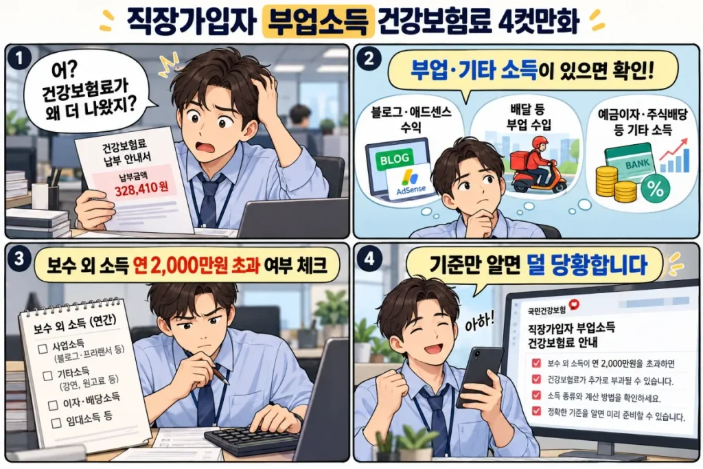 3D CAD 설계 직장인 부업하면 건강보험료 더 낼까?|월급·외주수익 기준 3 CAD 설계 직장인이 추가 건강보험료 고지서를 받고 모델링 외주 및 부업소득 2000만원 기준을 확인하는 4컷 만화
