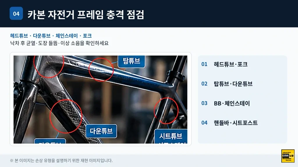 카본 크랙과 도장 균열 구별법|자전거 프레임·CFRP 내부 박리·수리 판단 4 카본 자전거 프레임 헤드튜브 탑튜브 다운튜브 시트스테이 체인스테이 BB 주변 손상 점검 위치