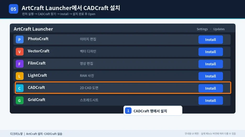 ArtCraft 설치방법 및 CADCraft 사용법 – DXF·DWG 열기부터 2D 도면 작성까지 7 ArtCraft Launcher 앱 목록에서 CADCraft Install 버튼을 선택하는 설명도