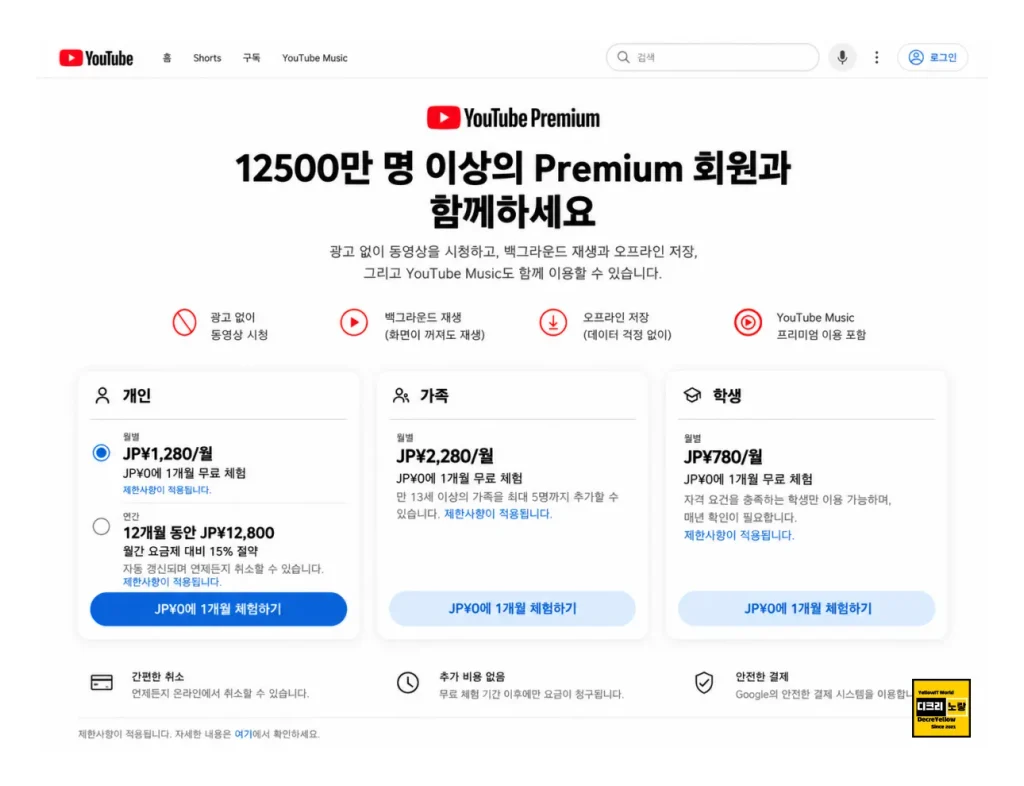 유튜브 프리미엄 인도 결제 막힘|일본 가족요금제·결제프로필·가족초대 5 유튜브 프리미엄 일본 가격 개인 1280엔 가족 2280엔 학생 780엔 비교