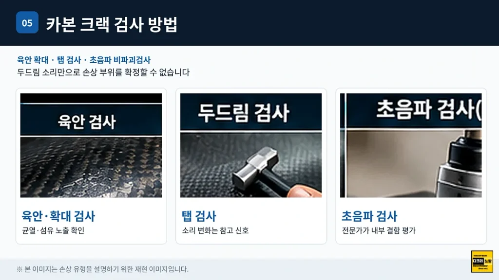 카본 크랙과 도장 균열 구별법|자전거 프레임·CFRP 내부 박리·수리 판단 5 탄소섬유 CFRP 손상 확인을 위한 육안검사 탭 테스트 초음파 비파괴검사 방법 비교