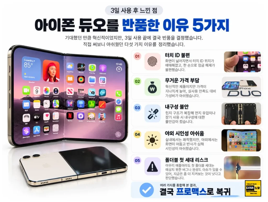 아이폰 듀오 3일 만에 반품한 이유|3D CAD 설계자가 본 힌지 파손·공차·양산 품질 문제 2 아이폰 듀오 3일 사용 후 터치 ID 불편함과 가격 부담 등 반품 고려 요소 정리