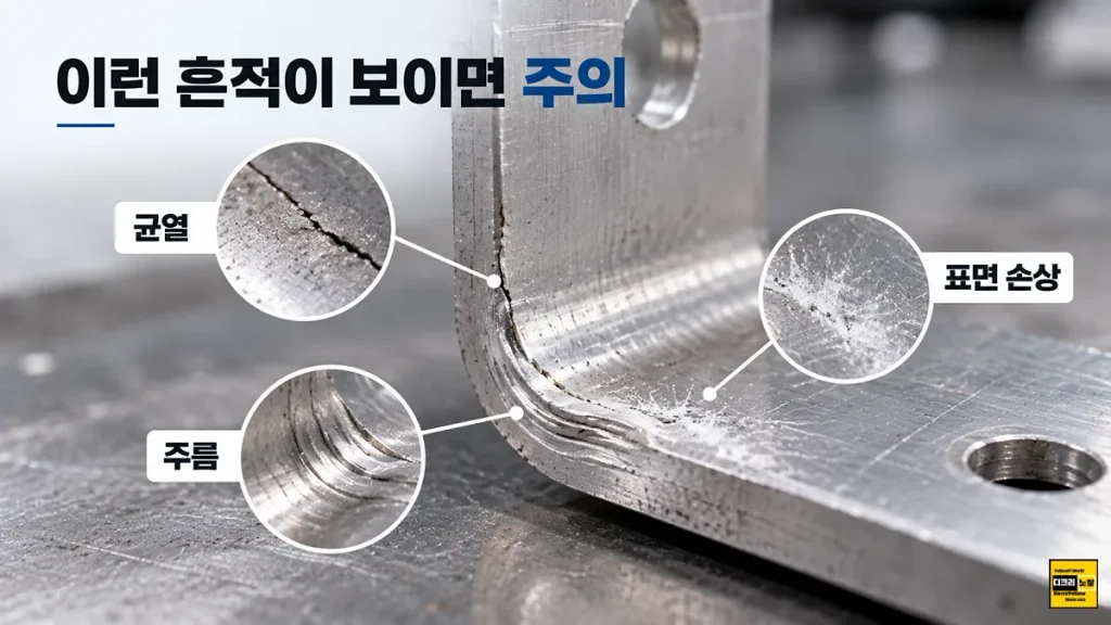 알루미늄 휘어짐 다시 펴도 될까?|6061·7075 소성변형·탄성복원과 강도 변화 6 알루미늄 굽힘 부위에서 확인할 표면 균열 주름과 긁힘 등 손상 징후 확대 비교