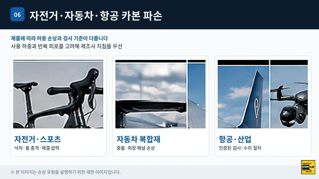 카본 크랙과 도장 균열 구별법|자전거 프레임·CFRP 내부 박리·수리 판단 6 카본 자전거 프레임 자동차 탄소섬유 외장재 항공기 복합재 부품 손상 사례 비교