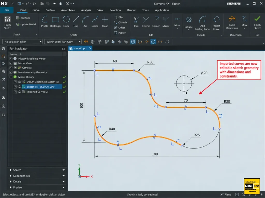 UG NX Add Existing Curve 사용법|오토캐드 DWG·DXF 곡선을 스케치로 변환 7 NX Add Existing Curve로 추가한 선과 원호에 길이 반지름 치수 및 스케치 구속조건을 적용하는 예시