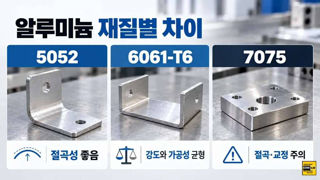 알루미늄 휘어짐 다시 펴도 될까?|6061·7075 소성변형·탄성복원과 강도 변화 4 알루미늄 5052 6061-T6 7075 재질별 절곡성 강도 가공성 차이와 부품 형태 비교