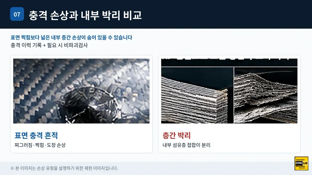 카본 크랙과 도장 균열 구별법|자전거 프레임·CFRP 내부 박리·수리 판단 7 카본 복합재 외부 충격으로 발생하는 표면 손상과 내부 적층 박리 차이 설명