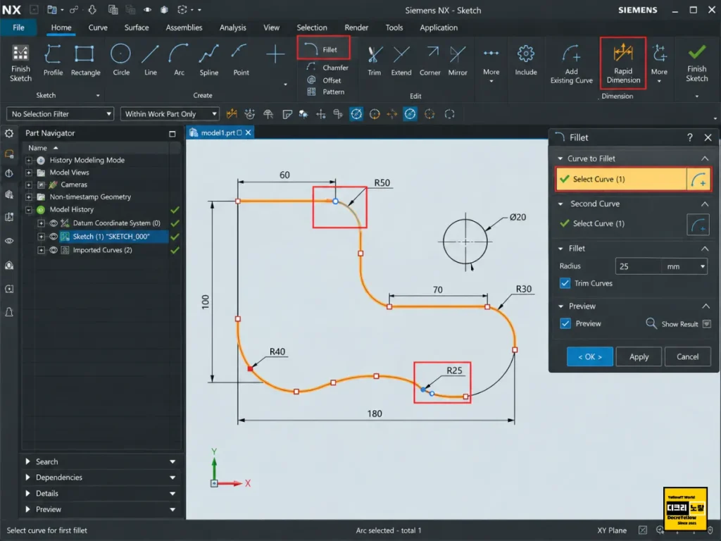 UG NX Add Existing Curve 사용법|오토캐드 DWG·DXF 곡선을 스케치로 변환 8 Siemens NX 스케치에서 가져온 커브의 필렛 원호와 반지름을 수정하는 예시