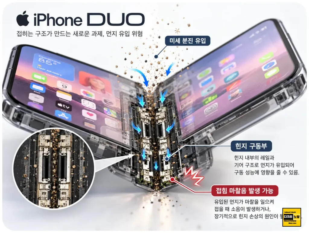아이폰 듀오 3일 만에 반품한 이유|3D CAD 설계자가 본 힌지 파손·공차·양산 품질 문제 7 폴더블 아이폰 힌지 틈새 미세 분진 유입과 가동부 마찰 가능성 도식