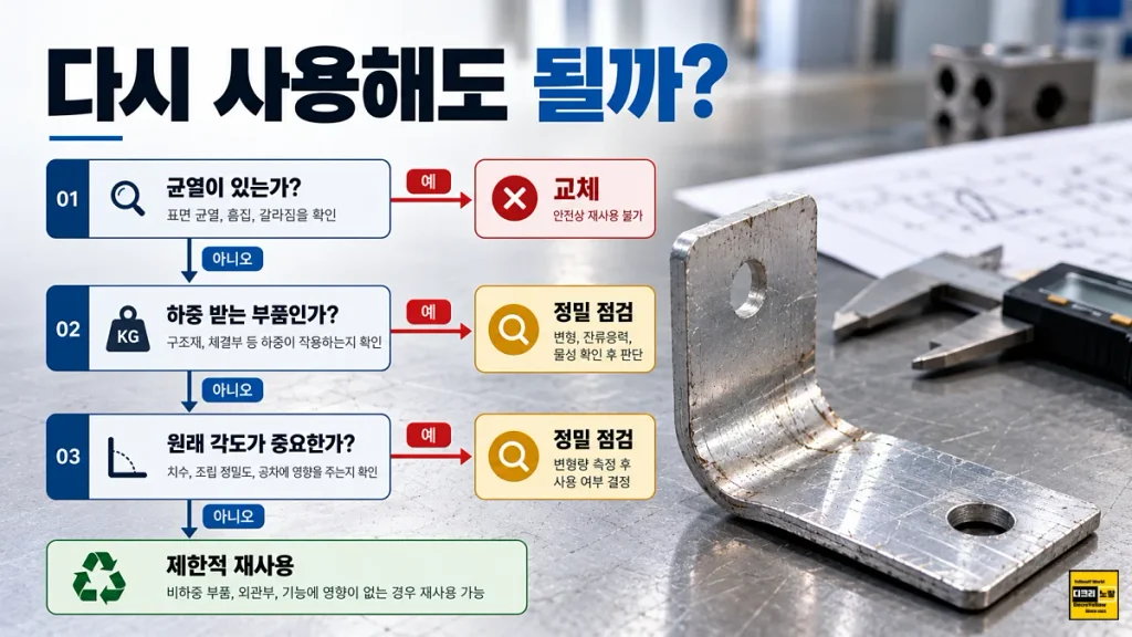 알루미늄 휘어짐 다시 펴도 될까?|6061·7075 소성변형·탄성복원과 강도 변화 9 휘어진 알루미늄 부품의 균열 유무와 하중 전달 여부에 따른 교체 정밀검사 및 재사용 판단 흐름도