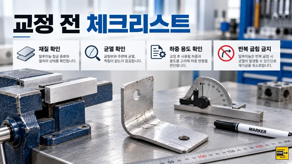 알루미늄 휘어짐 다시 펴도 될까?|6061·7075 소성변형·탄성복원과 강도 변화 8 알루미늄 교정 전 재질 확인 균열 검사 하중 용도 확인 반복 굽힘 금지 체크리스트