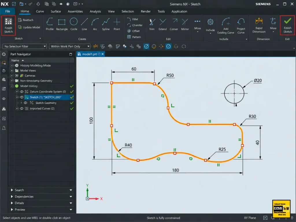 UG NX Add Existing Curve 사용법|오토캐드 DWG·DXF 곡선을 스케치로 변환 9 NX 스케치의 외곽선 치수 구속조건을 확인하고 Finish Sketch로 작업을 완료하는 화면 예시