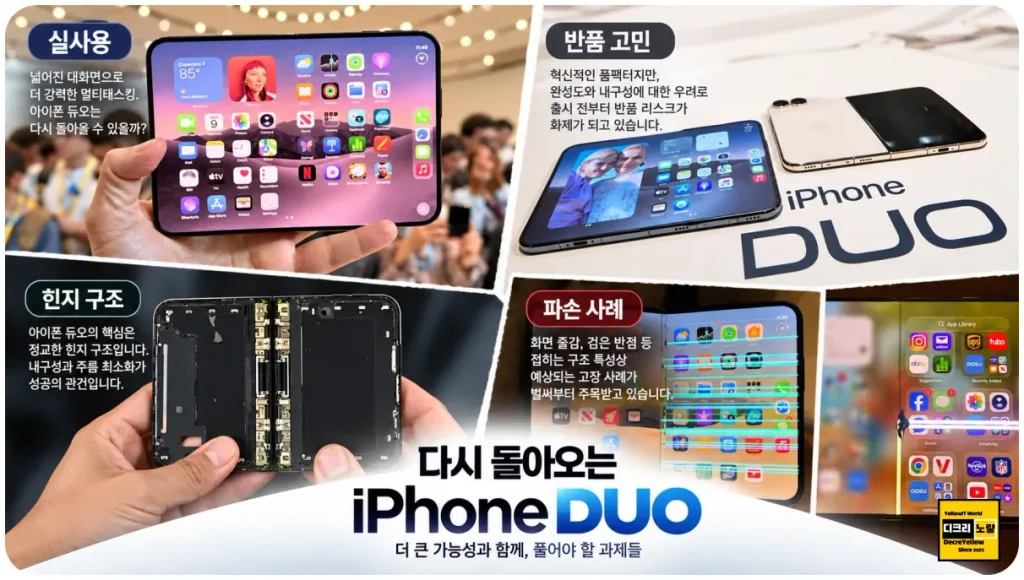 아이폰 듀오 3일 만에 반품한 이유|3D CAD 설계자가 본 힌지 파손·공차·양산 품질 문제 10 아이폰 듀오 실사용 제품 형상과 힌지 구조 화면 파손 우려를 종합한 이미지