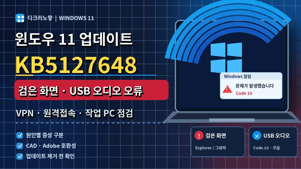 윈도우11 26H2 업데이트 후 CAD 작업용 PC 점검|KB5127648 검은 화면·도메인·USB 오디오 오류 확인 순서 1 Windows 11 KB5127648 업데이트 오류 검은 화면 USB 오디오 Code 10 VPN·원격접속 문제와 CAD·Adobe 작업 PC 점검