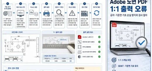 도면 PDF 1:1 보존과 검사 절차 흐름도 및 1:1 출력 오류 예방 안내 인포그래픽
